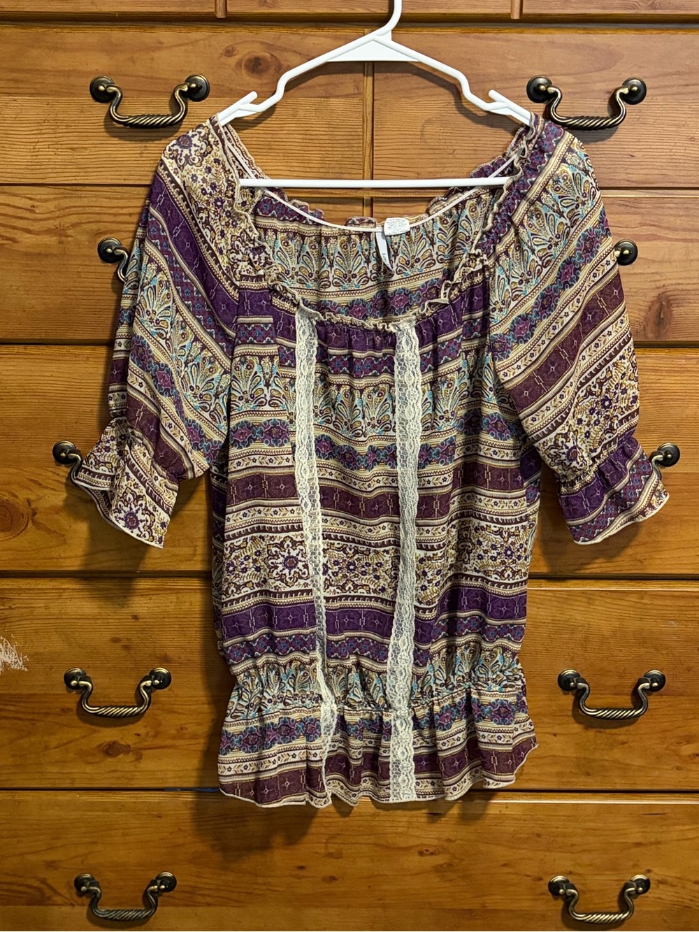 Boho Off-Shoulder Peasant Blouse in Purple and Cream